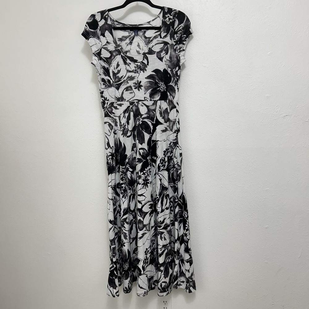Talbots Black White Floral Maxi Dress Empire Waist Cap Sleeve Jersey Knit Size S - Picture 4 of 10